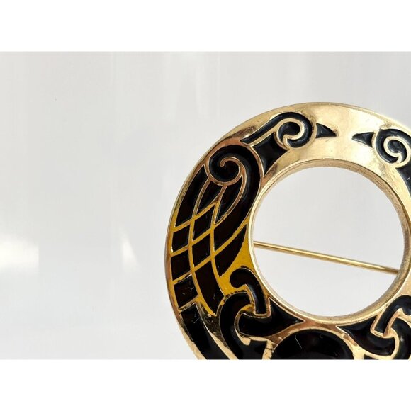 Cloissone Style Celtic Black Enamel XL Gold Toned 90's Vintage Lapel Brooch Pin - Picture 3 of 10